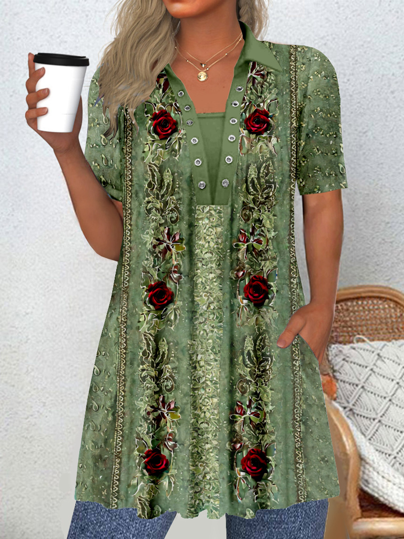 Women Long Sleeve V-neck Graphic Floral Printed Top