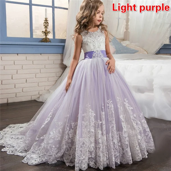 Backless Embroidery Bow Decoration Floor Length Tulle Party Dress for Teenager Children Wedding Christmas Party Costume for 5-14Y