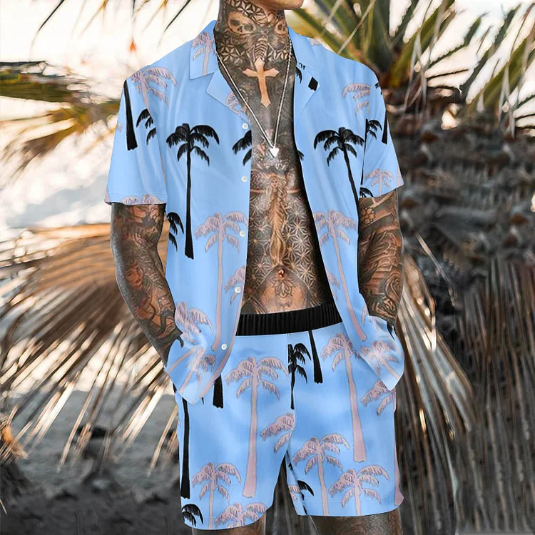 Men Hawaiian Style Palm Tree Print Swimwear Two-Piece Swimsuits Blue