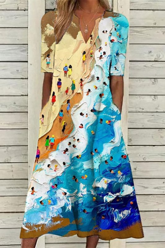 Split Neck Graphic Print Loose Short Sleeve Casual Midi Dress