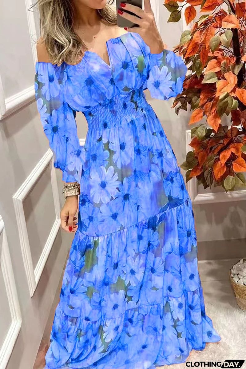 Floral Off Shoulder V Neck Maxi Dress