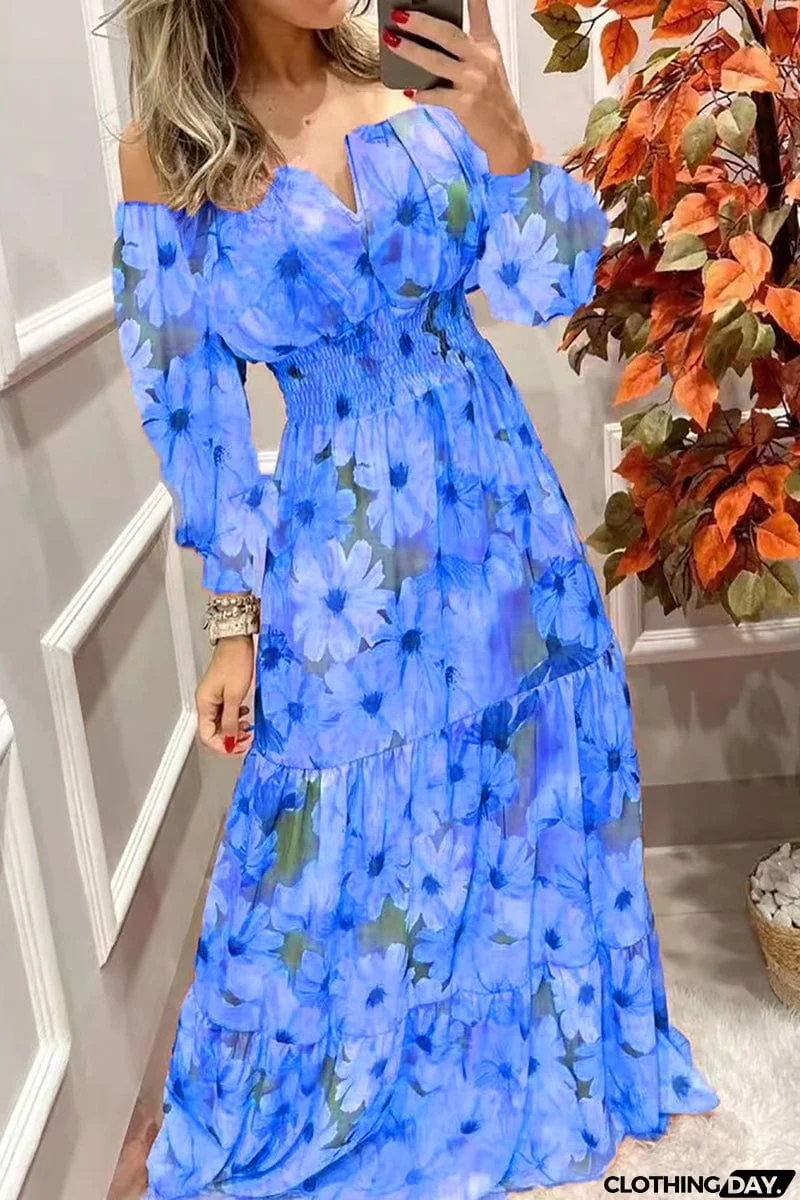 Floral Off Shoulder V Neck Maxi Dress
