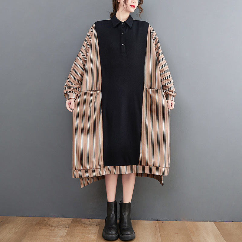 Loose Striped Splicing Long Sleeve Midi Dress