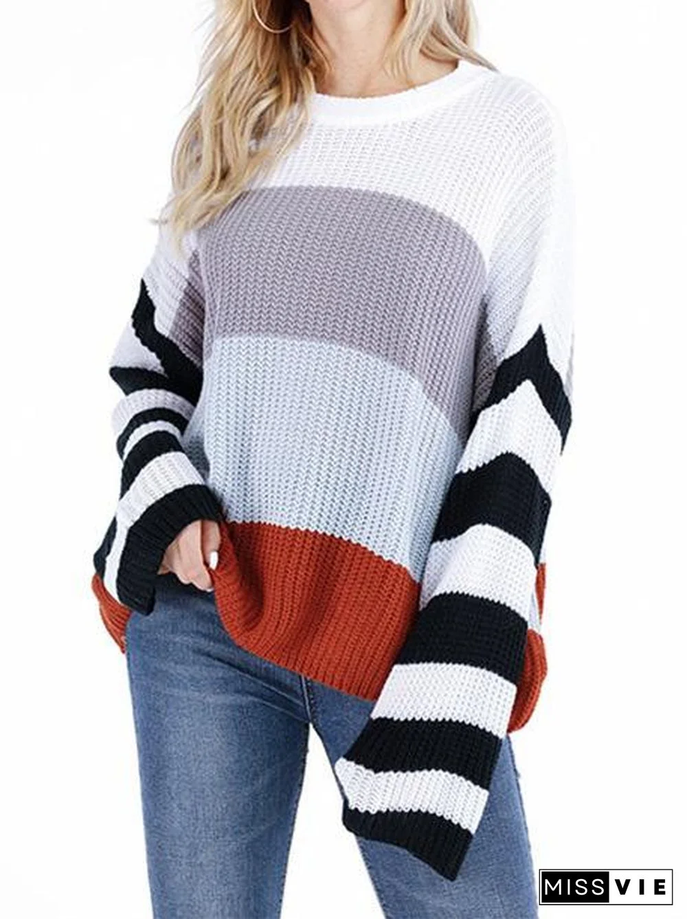 Women's Long Sleeve Scoop Neck Striped Stitching Loose Sweater Top