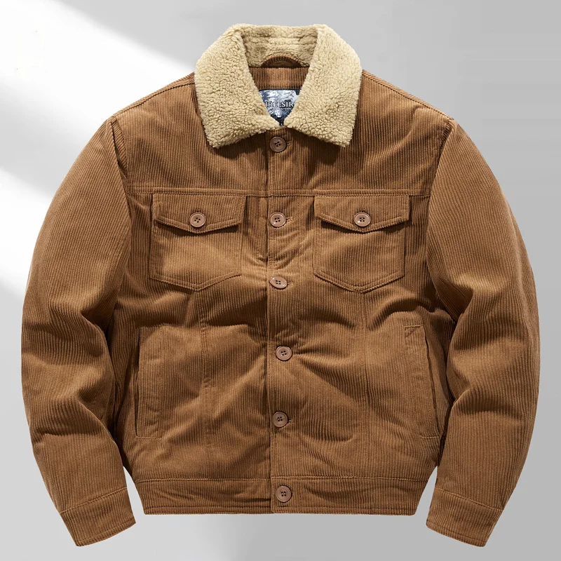 Men's Corduroy Fleece Warm Coat Jacket Lapel Cotton Coat