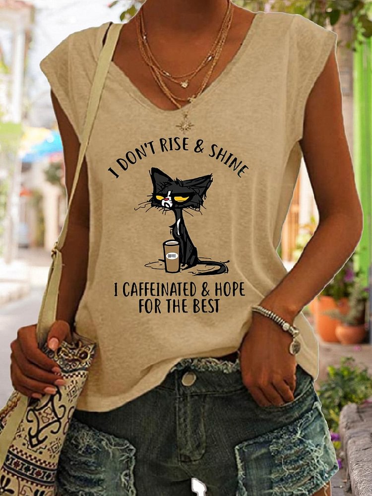 Women's I DON'T RISE & SHINE I CANFFEINATED & HOPE FOR THE BEST Loose V-neck cap sleeves T-Shirt, Funny Shirts, Sarcastic T-Shirt, Saying T-Shirt