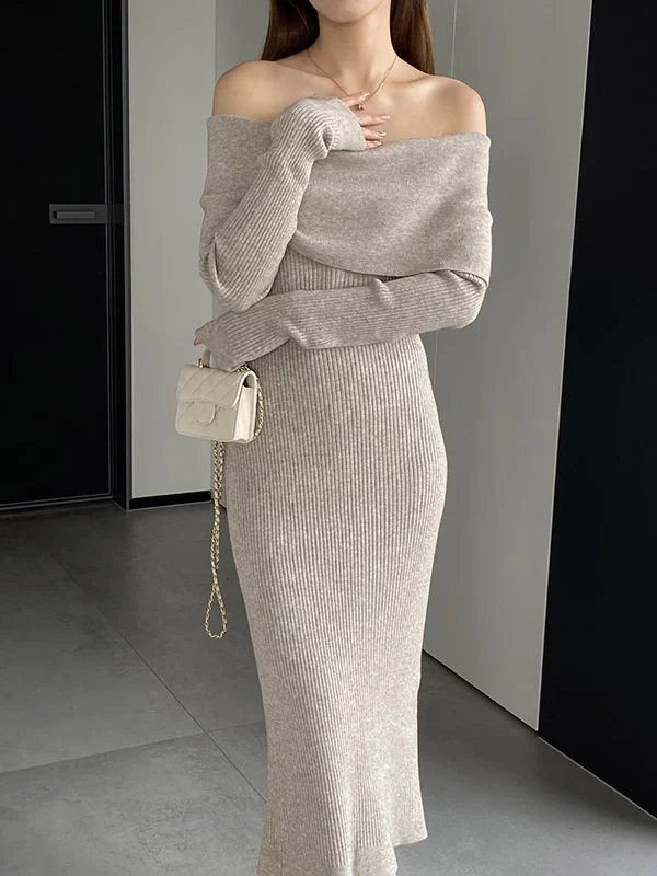 Bodycon Long Sleeves Solid Color Off-The-Shoulder Midi Dresses