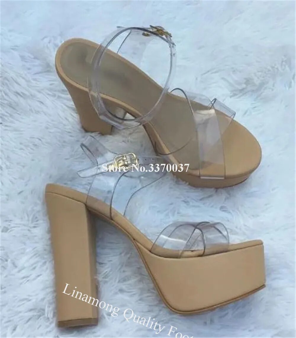 VCSHOES Clear PVC Straps Patchwork Beige Thick Heel Sandals Open Toe High Platform Ankle Straps Chunky Heel Dress Shoes