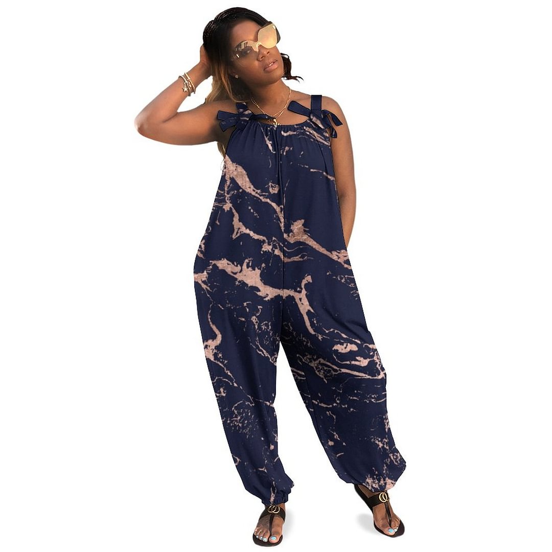 Modern Navy Blue Rose Gold Marble Pattern Boho Vintage Loose Overall Corset Jumpsuit Without Top