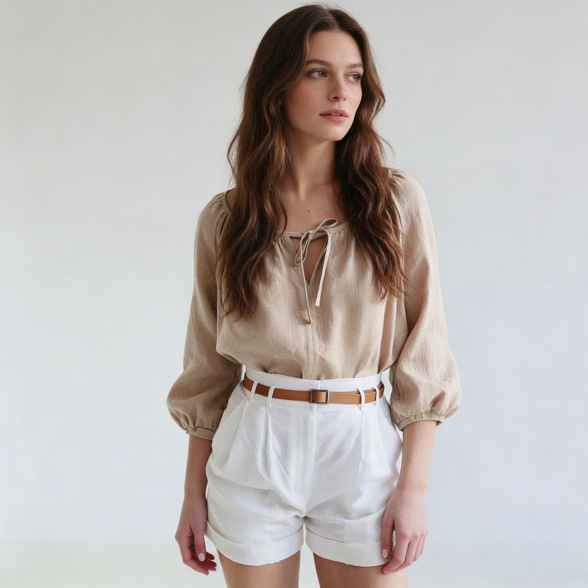 Linen Blouse Women 100% Linen Balloon Sleeve Tie Neck Casual Top REAL SILK LIFE