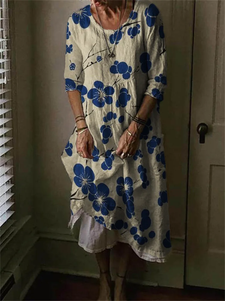 Cherry Blossom Japanese Lino Art Linen Blend Maxi Dress