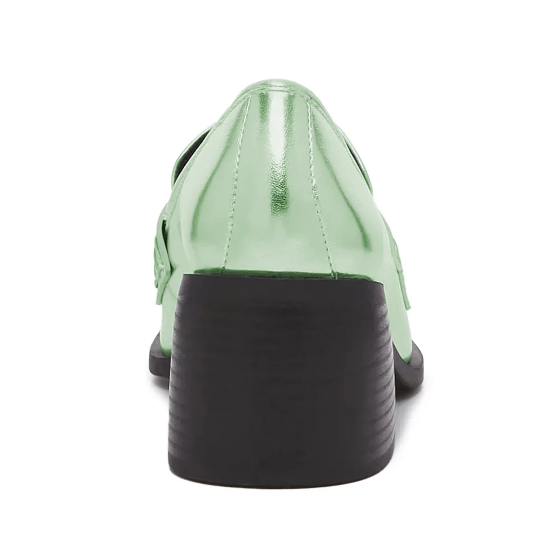 Simple Light Green Metallic Finish Square Toe Block Heeled Loafers