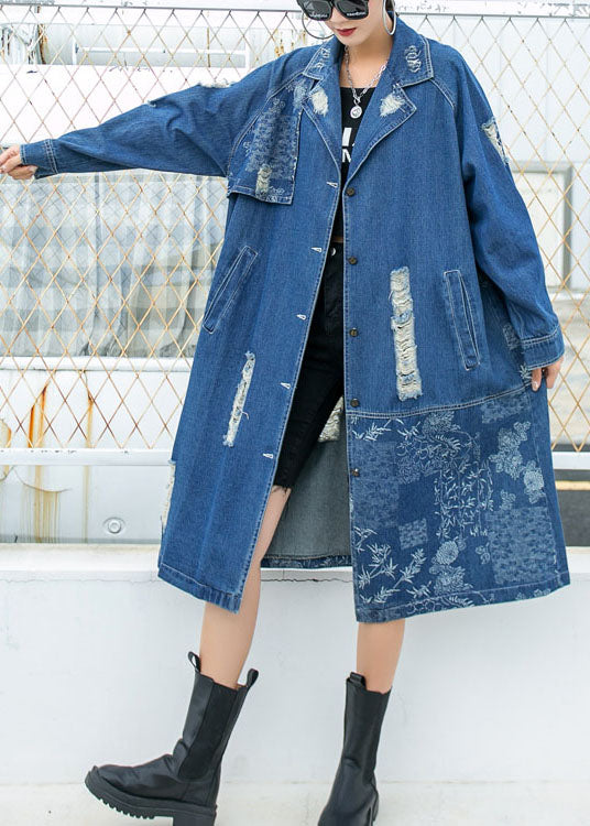 VCSHOES Blue PeterPan Collar Button Pockets Print Hole Fall Long sleeve Trench Coat