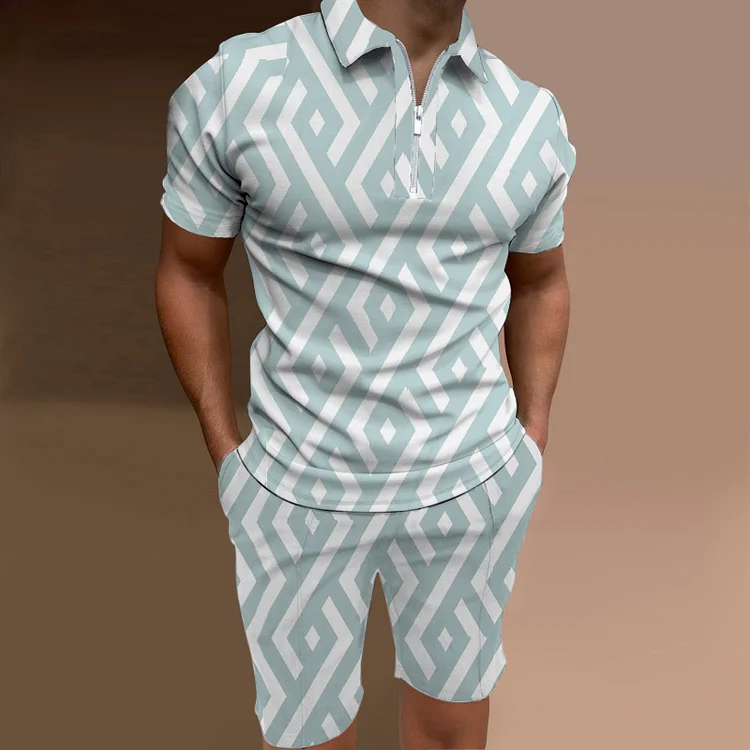 BrosWear Trendy Geometric Polo Shirt And Shorts Two Piece Set