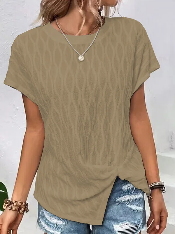 Batwing Sleeves Loose Jacquard Solid Color Split-Front Round-Neck T-Shirts Tops