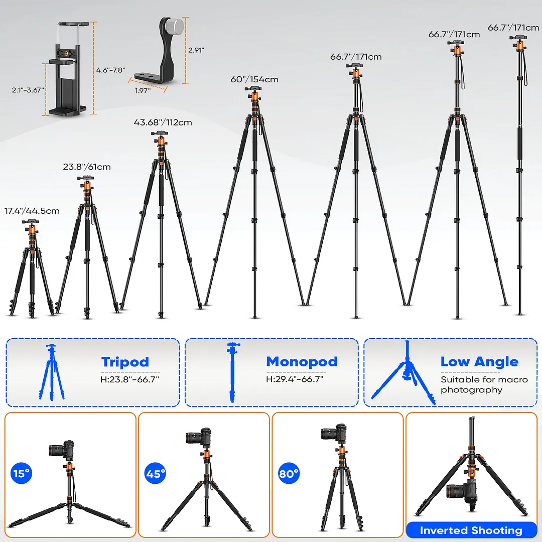 BEBANG 67" Camera Tripod for DSLR Cameras, Aluminum Travel Tripod with Monopod, 360&deg; Ball Head, 17.6lb Load Capacity, Lightweight DSLR Tripod