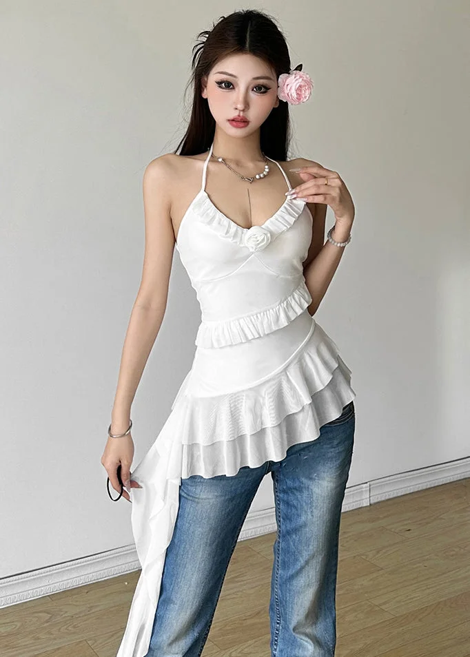 French White Asymmetrical Ruffled Patchwork Tank Tops Sleeveless