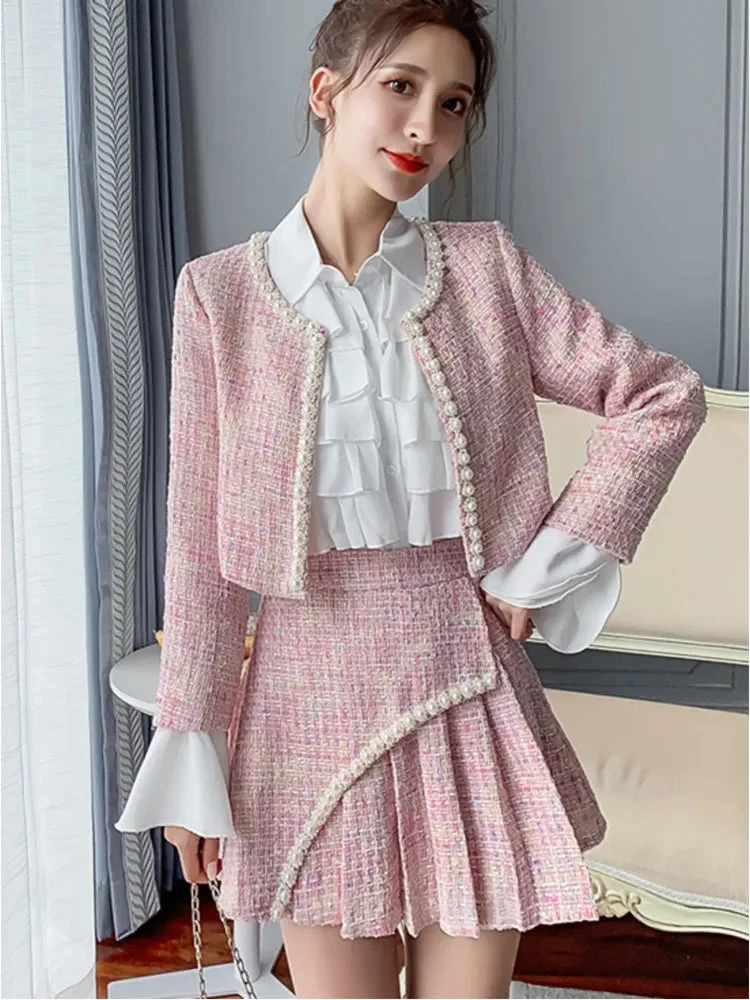 Huiketi Autumn Winter New Women Tweed 3 Piece Set Beading Short Coat + Pleated High Waist Pleated Skirt + Chiffon Shirts Outfits