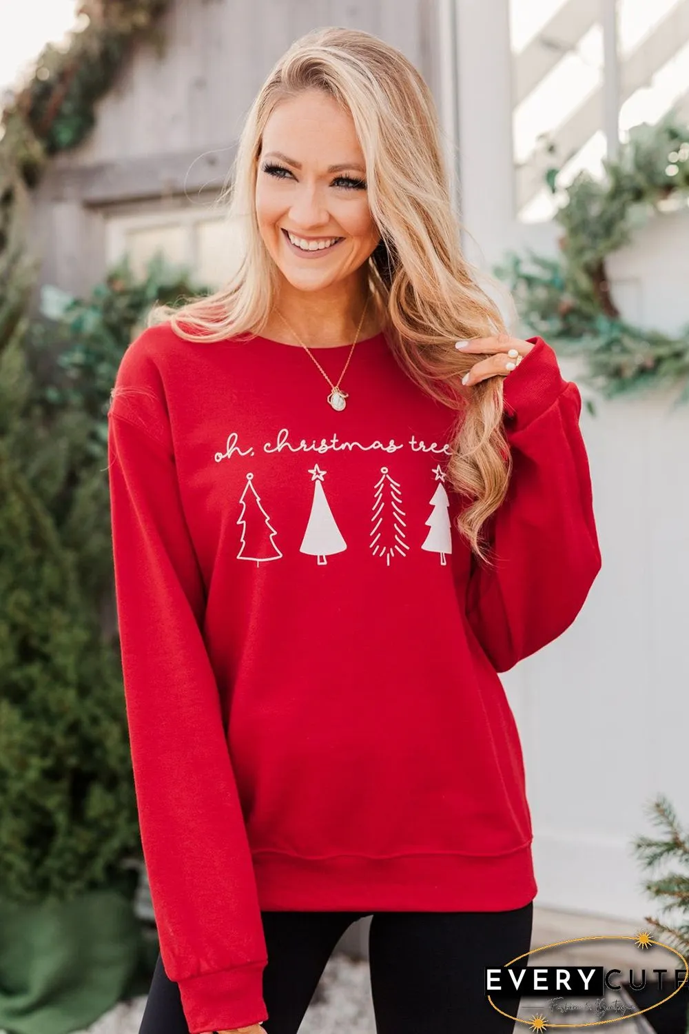 Red Christmas Tree Letter Graphic Print Long Sleeve Sweatshirt