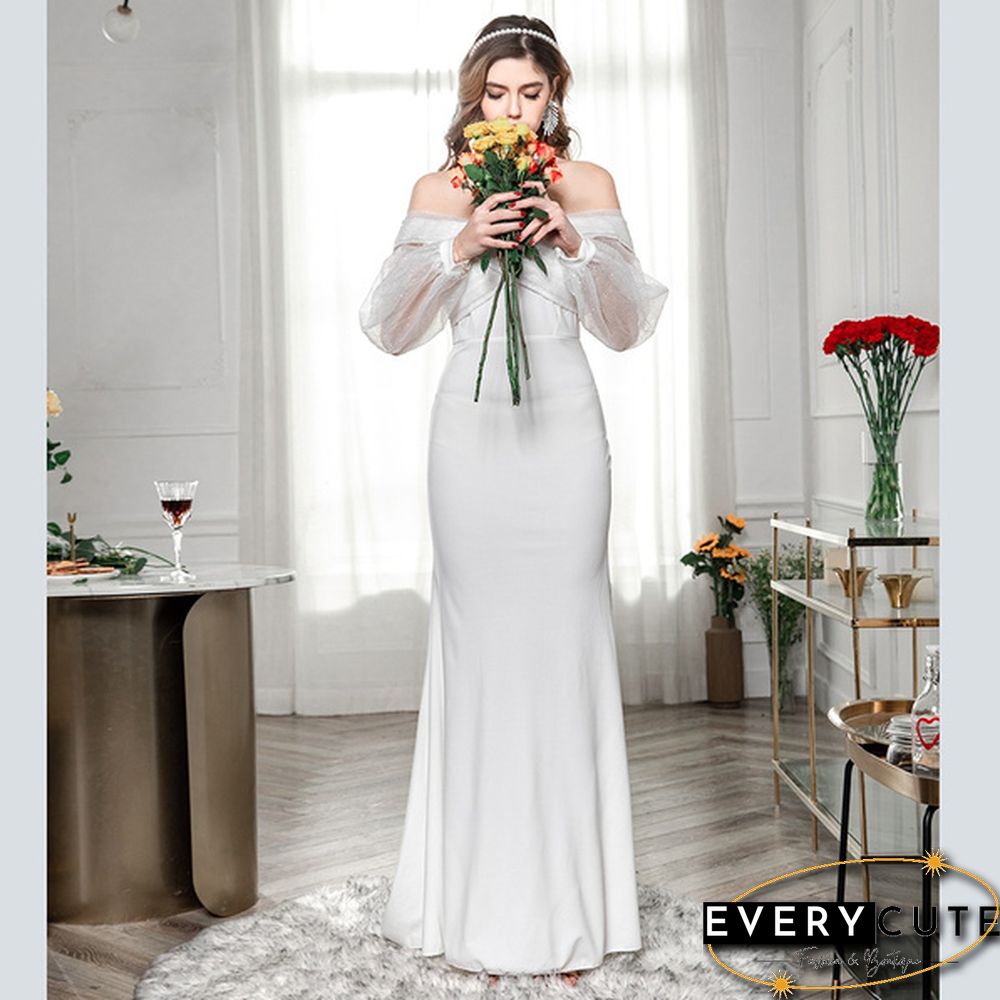 Women Fashion Evening Party Solid Color Drop Shoulder Wedding Dress