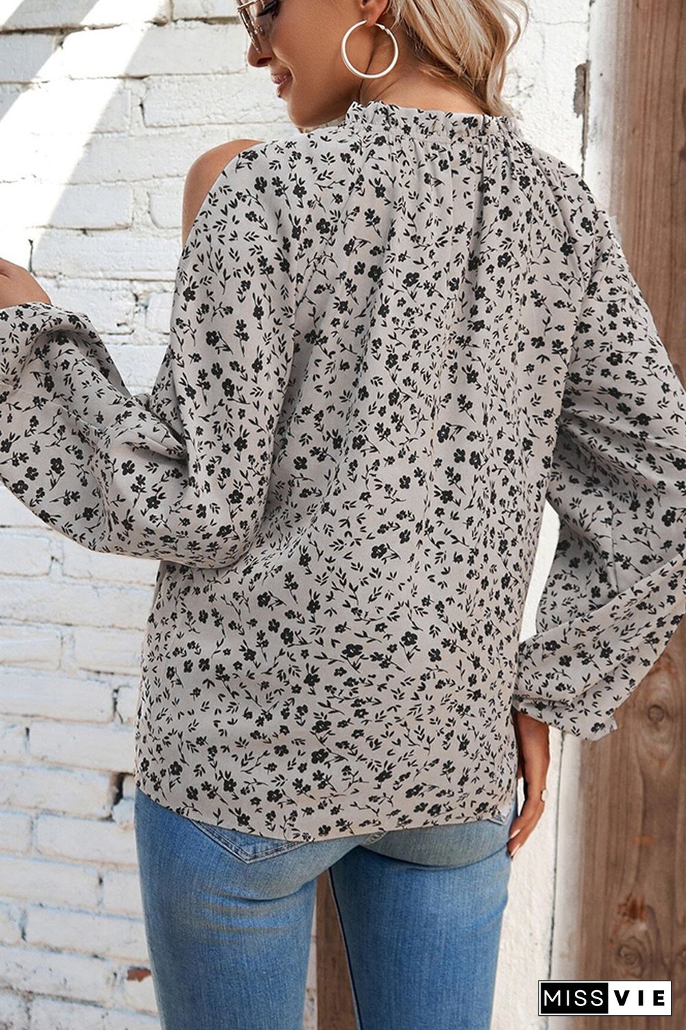 Cold Shoulder Frilled Collar Floral Blouse