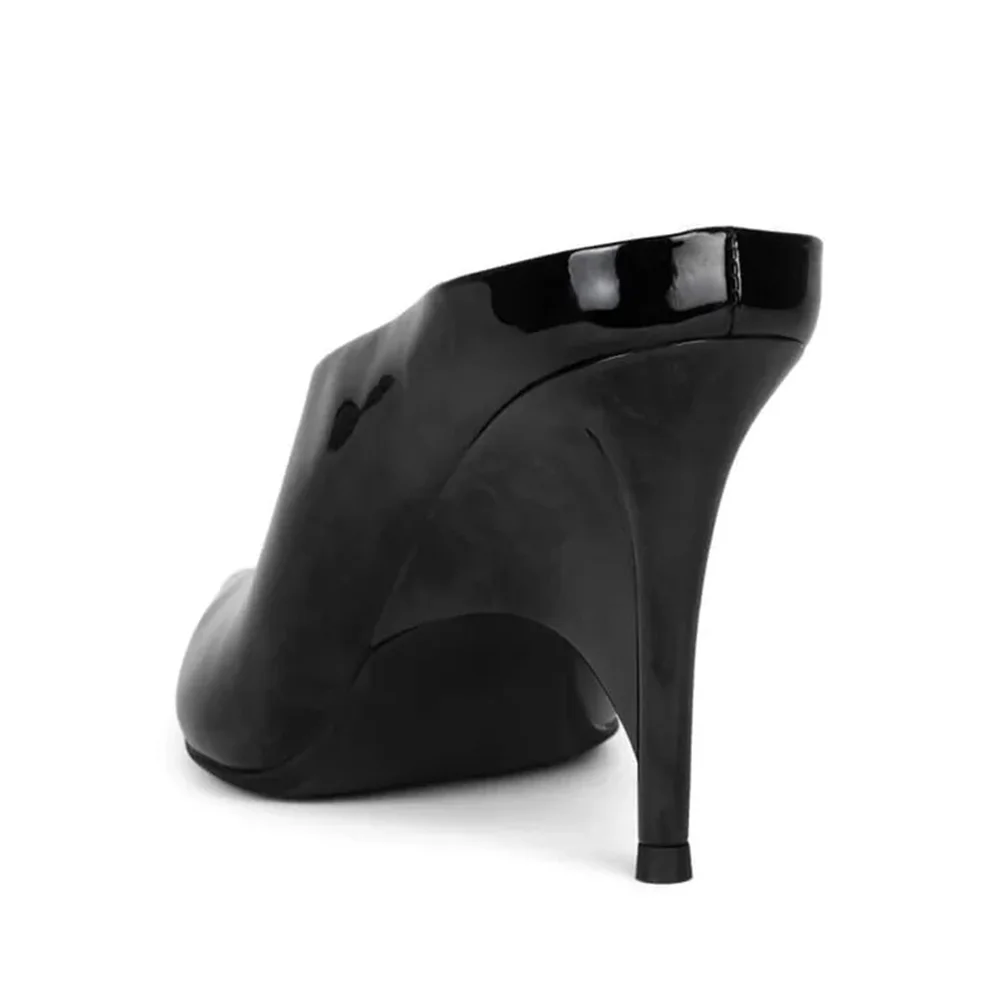 Black Patent Leather Pointed Toe Sculptural Heel Mules for Women