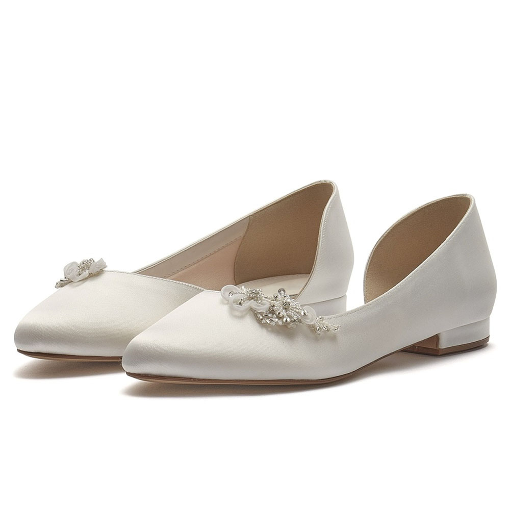 Ivory Satin Pointed Toe Flat Rhinestone Floral Inlay Shoes Nicepairs
