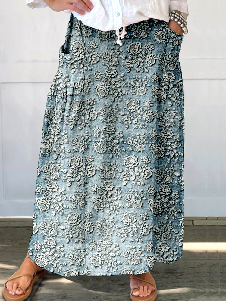 Comstylish Vintage Floral Pattern Linen Blend Pocket Half Skirt