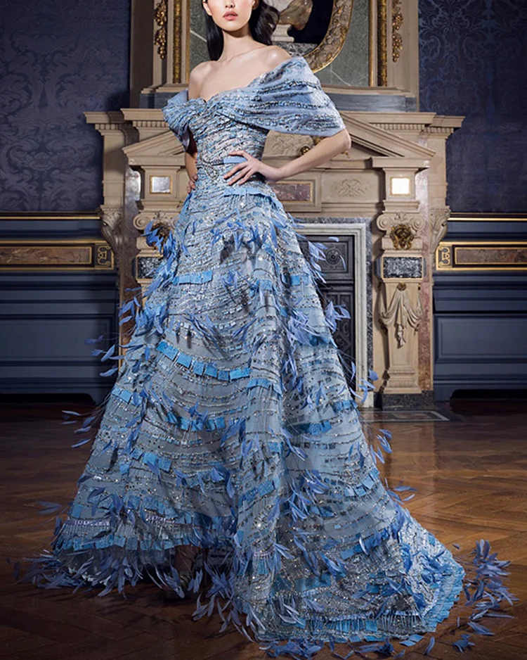Elegant Off-The-Shoulder Embroidered Feather Gown