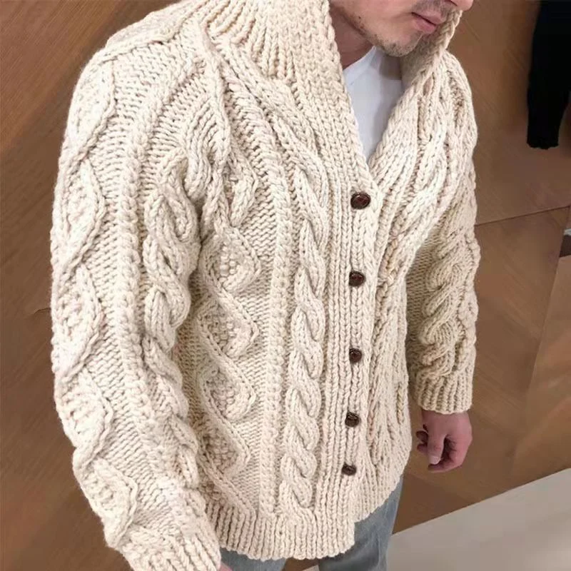 Men's Sweater Cardigans Long-sleeved Stand-up Collars, Cable Jacquard, Casual Knitted Coat