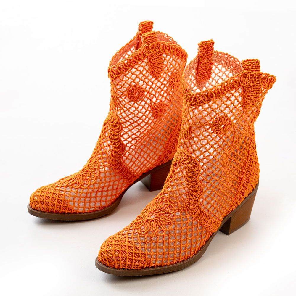 Pointed Toe Mid Block Heel Hollow-Out Orange Short Cowgirl Boots Nicepairs