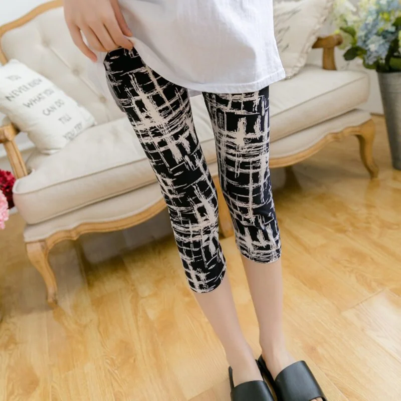 CUHAKCI Women's Calf-Length Leggings Print Grid Short Pant Mujer Casual Elasticity Stripe Fitness Leggins