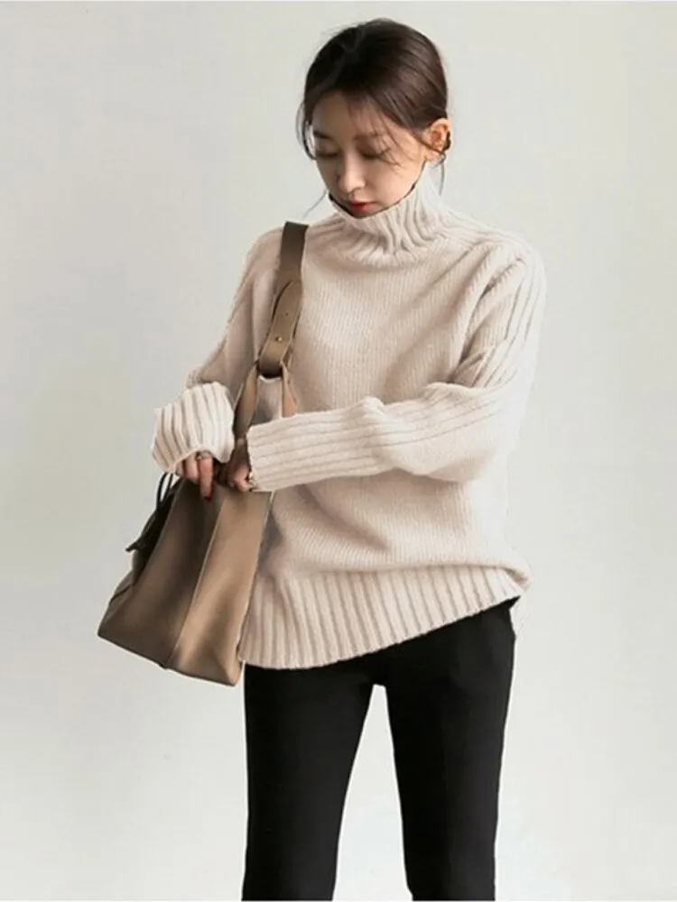 Fashion Tops Women Autumn Winter New Long Sleeve High Collar Knitted Sweater Loose