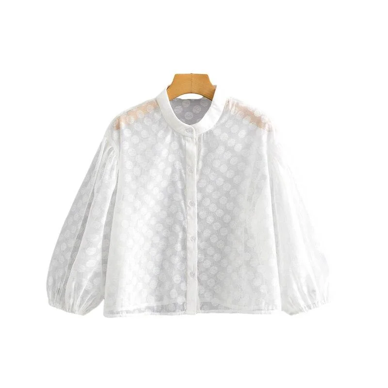PUWD Casual Woman White Loose Dot Seethrough Blouse 2021 Spring Sexy Ladies Puff Sleeve Shirts Female Elegant Streetwear Tops