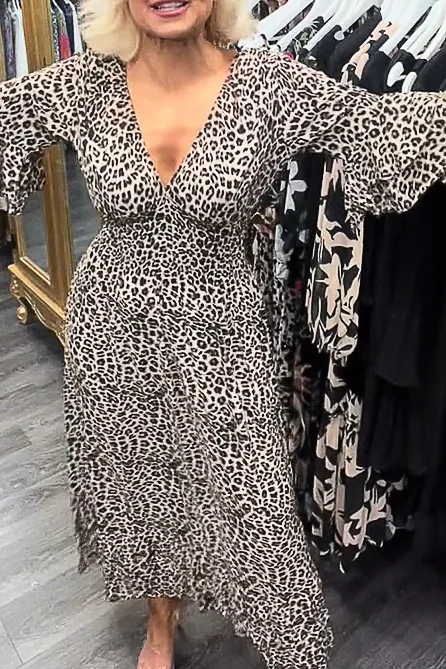 V Neck Long Sleeve Ruffle Cuff Leopard Print Long Dress