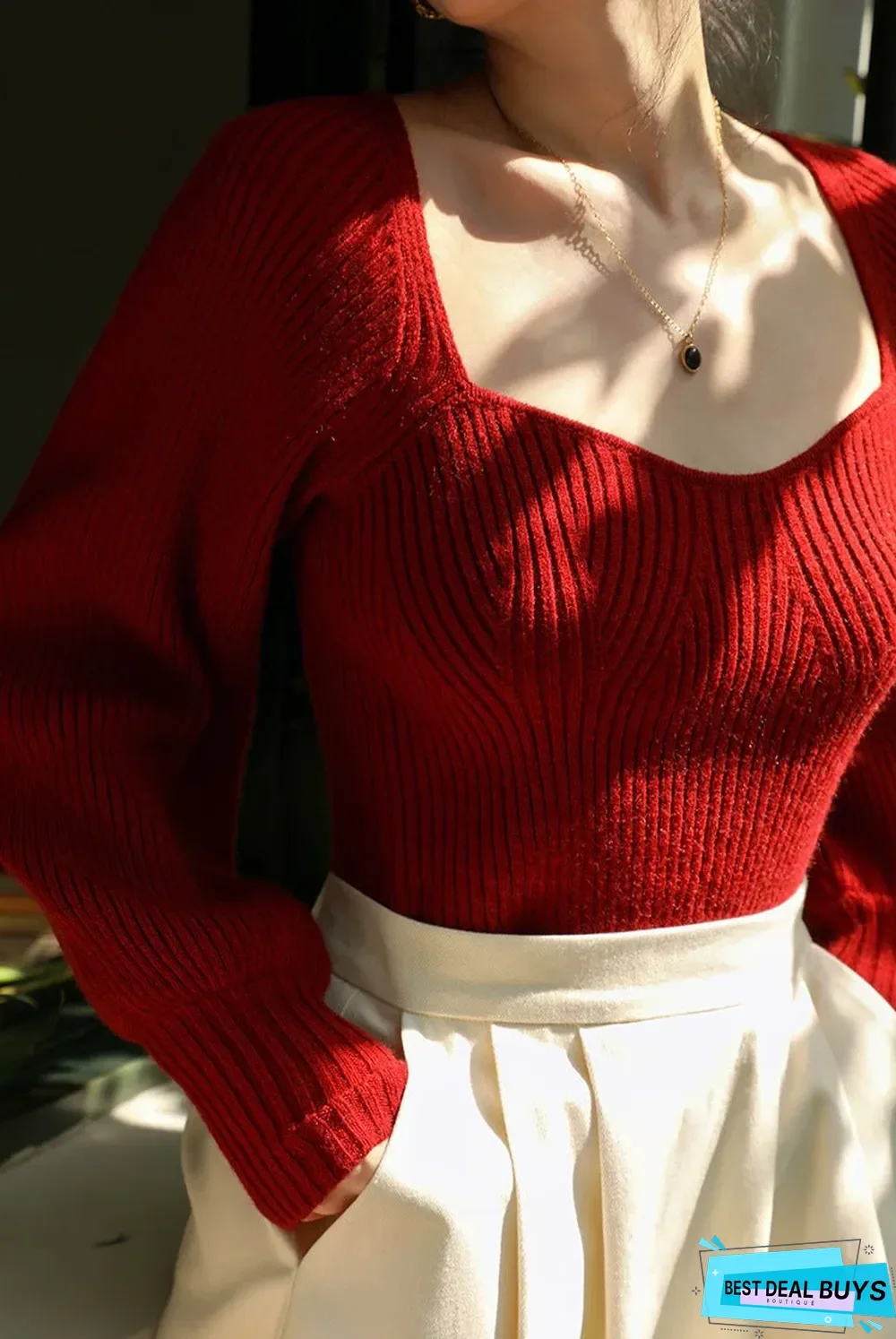 Square Neck Bubble Sleeve High Waist Sleeve Sweater