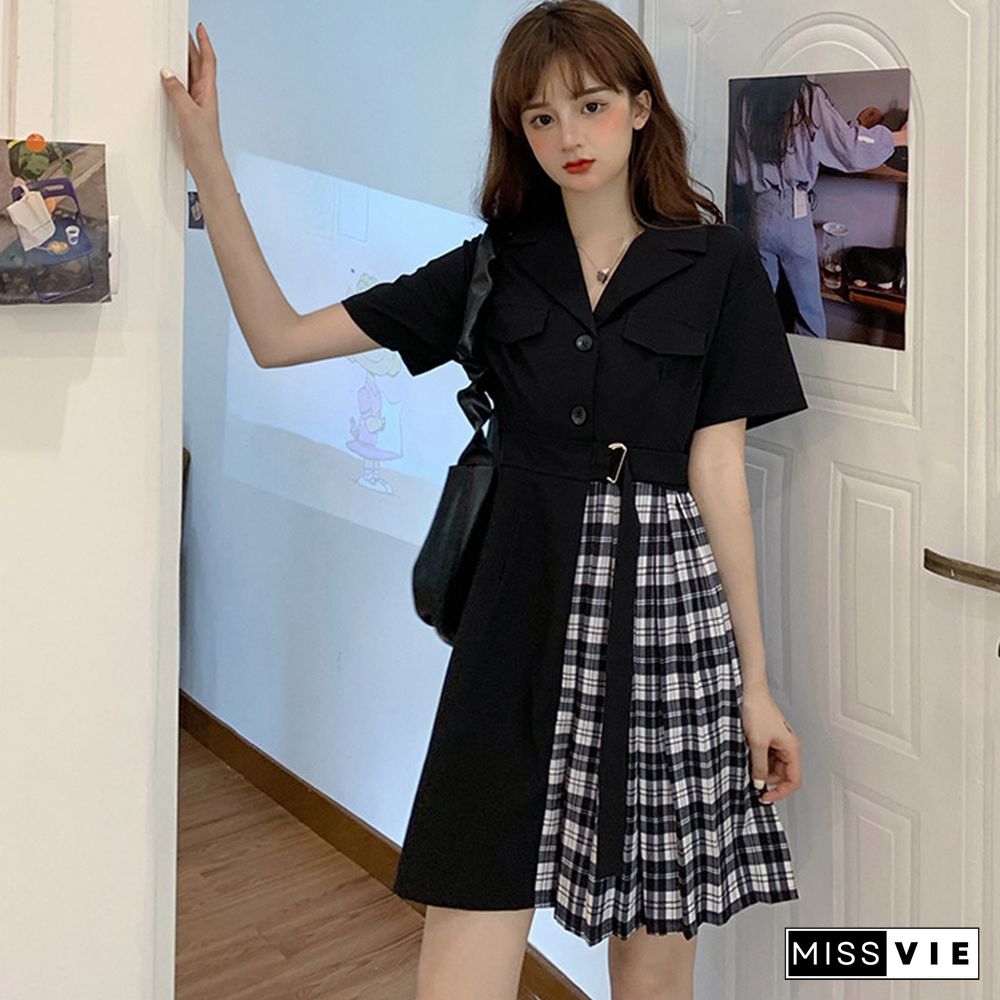 Belted Lapel Lattice Pleated Dress