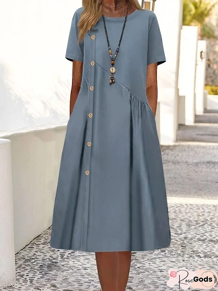 Plain Cotton Linen Nail Buckle Irregular Design Loose A-Hem Midi Dress