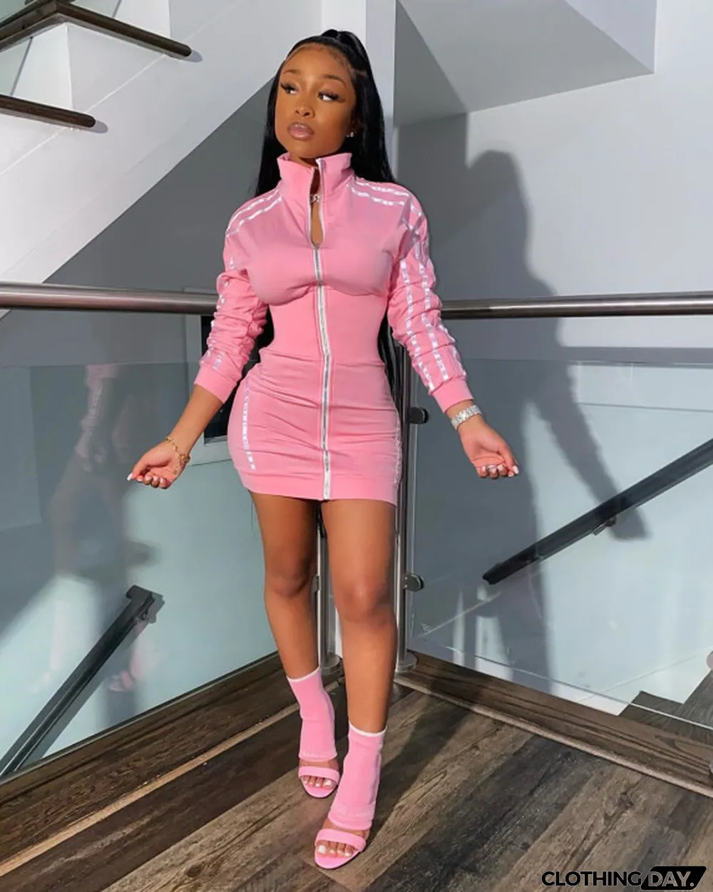 Casual Long Sleeve Zipper Mini Dress