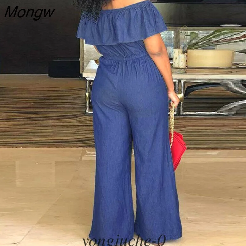 Mongw Casual Women's Bodycon Jumpsuit Lace up Solid Jeans Denim Summer Short Sleeve Rompers Overalls Trousers Pants