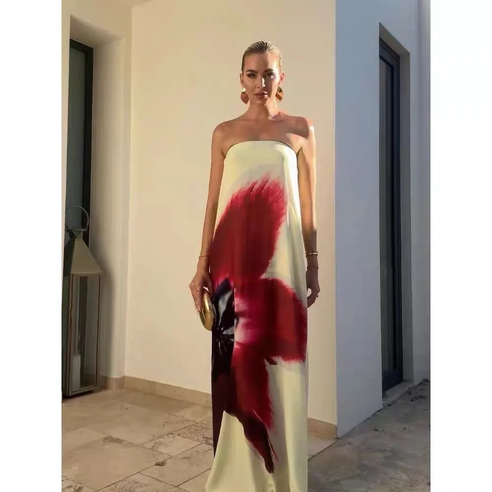 Nigikala Nigikala Holiday Wind And Show-Back Special Print Bra Long Skirts Open-Shoulder Casual Skirt