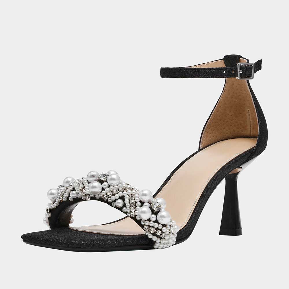 Women's Black Satin Square Toe Ankle Strap Sandals with Flared Heel Nicepairs