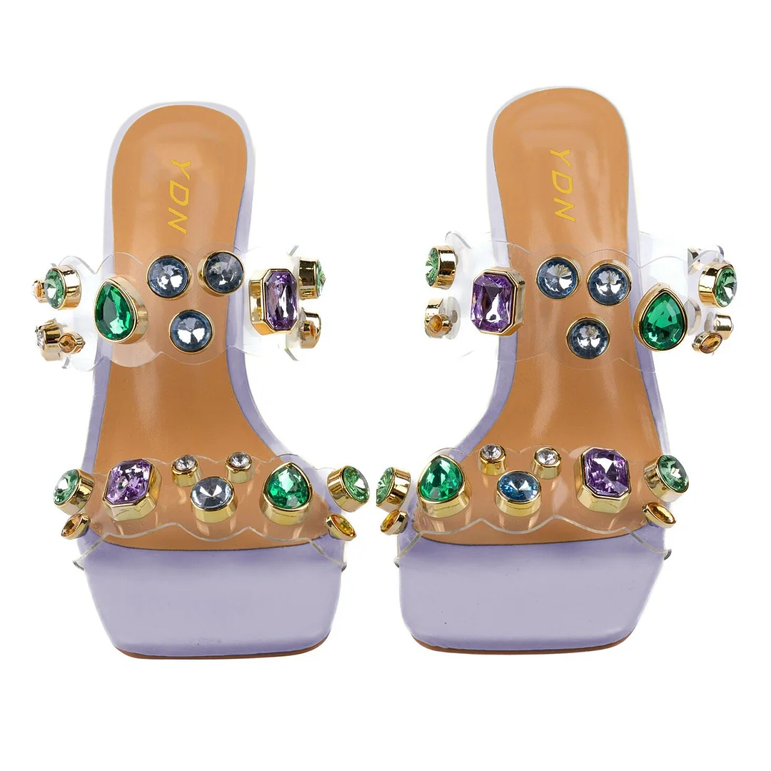 Light Purple Vegan Leather Square Toe Mules with Decorative Heels