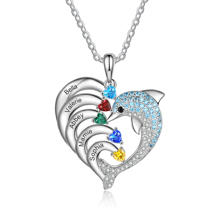 5 Names-Personalized Heart Dolphin Necklace With 5 Birthstones Engraved Names Gift For Her