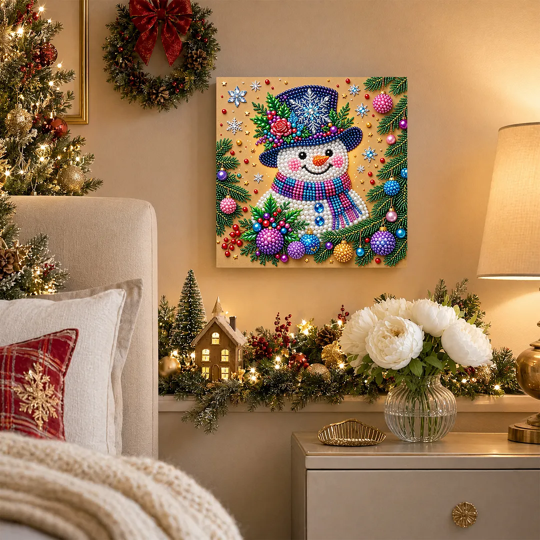 Framed Pearl Painting Kit Snowman with Ornaments 20x20cm