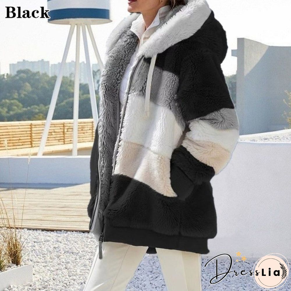 New Winter Womens Jacket Hooded Warm Plush Loose for Women Patchwork Outerwear Faux Fur