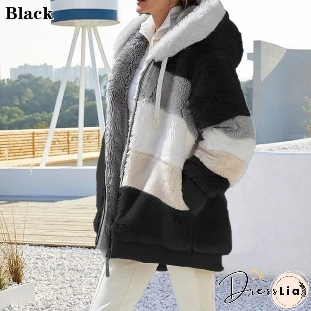 New Winter Womens Jacket Hooded Warm Plush Loose for Women Patchwork Outerwear Faux Fur