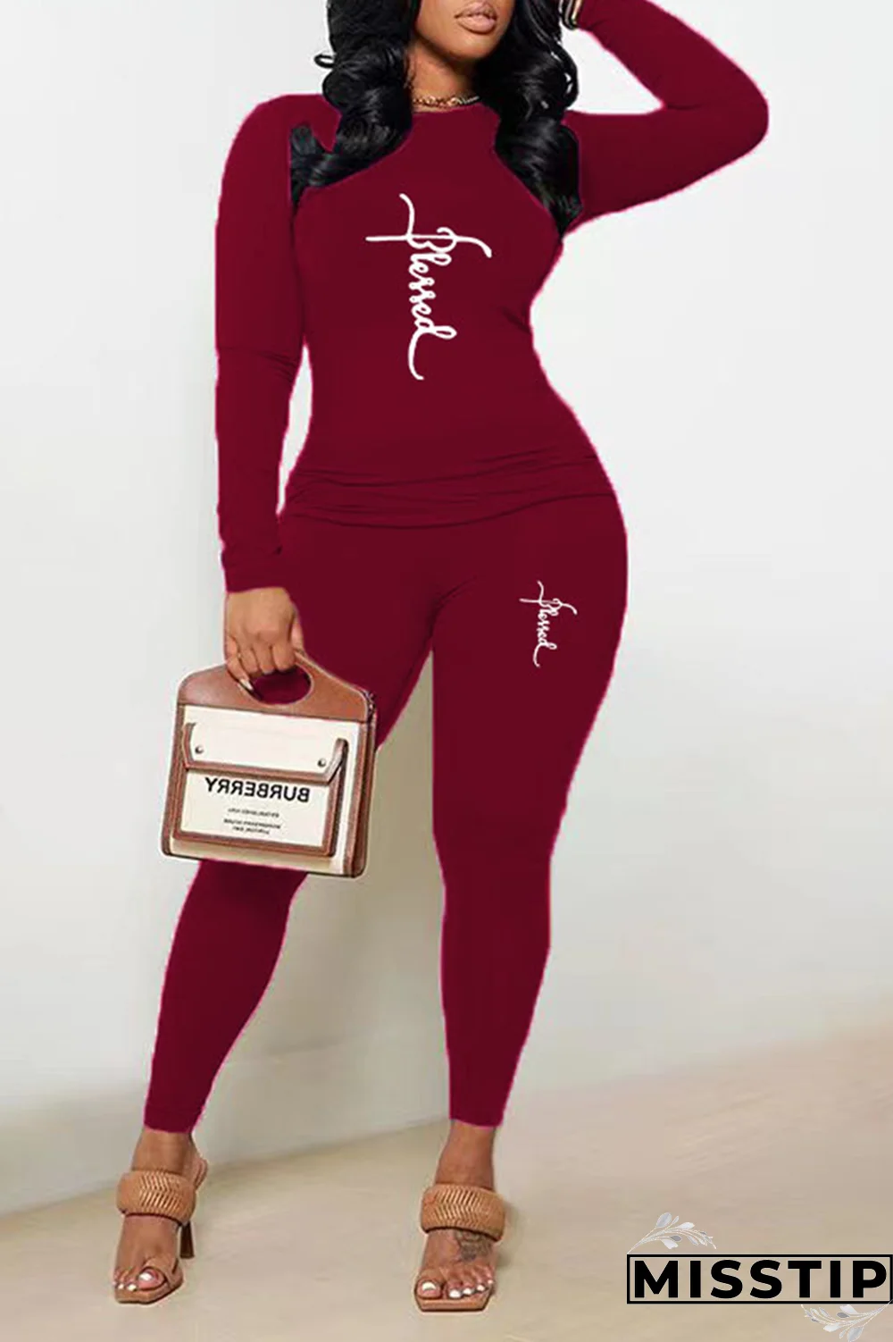 Black Street Print Patchwork O Neck Long Sleeve Two Pieces