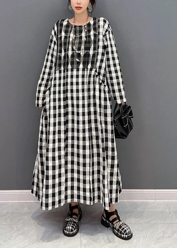 4.15Plus Size Grey Oversized Plaid Cotton Beach Dress Spring