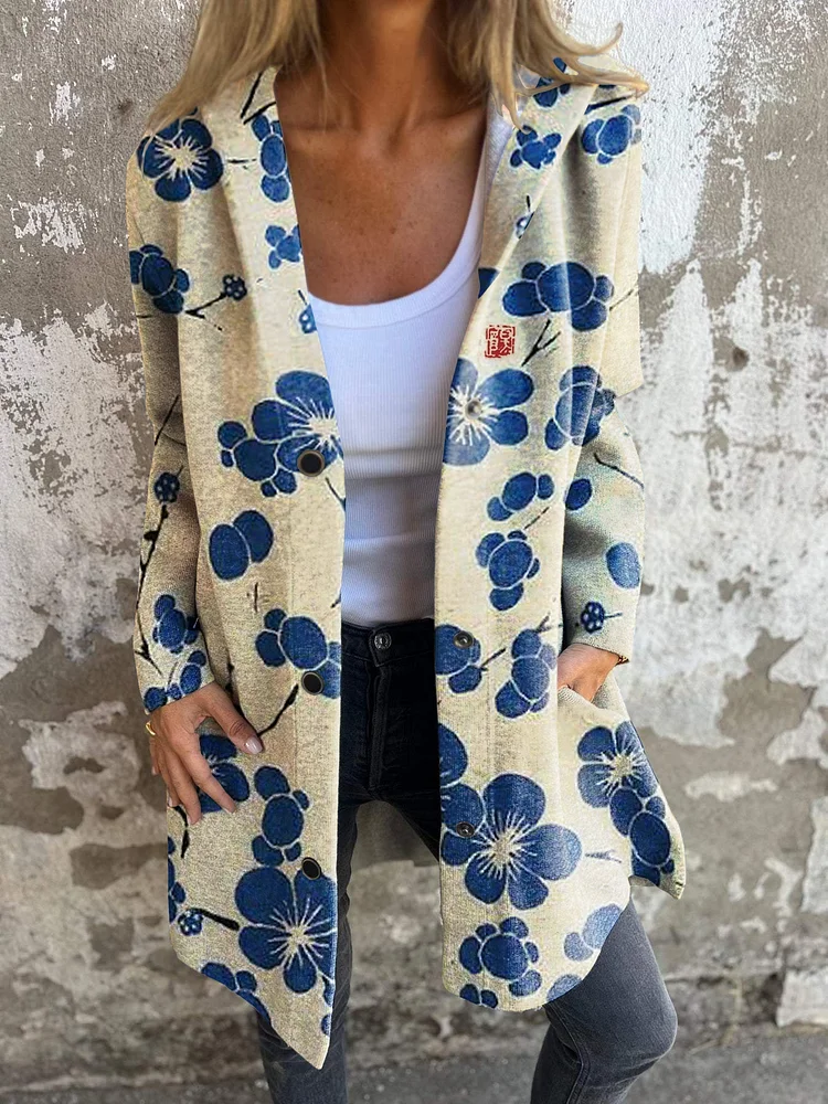 Classic Plum Art Retro Long Sleeve Hooded Jacket